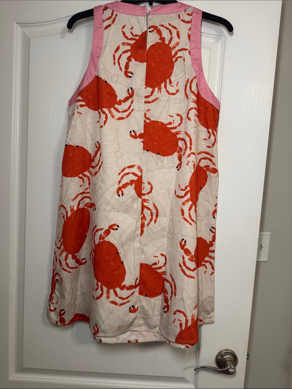 Sleeveless Crab Print Shift Dress in Cream & Bright Orange with Pink Trim